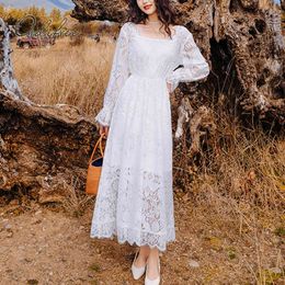 Summer Women Maxi Party Sundress Vintage Sleeve White Lace Vocation Tunic Long Beach Dress 210415