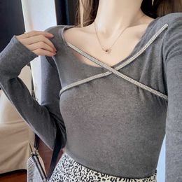 Casual Autumn T Shirt Women T-Shirt Long Sleeve Korean Style Slim Cotton Tshirt Diamond Grey Tops Womens Clothing 210604