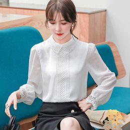 Korean Women Blouse Shirts Woman Long Sleeve Blouses Hollow Out Embroidery Chiffon White Tops Plus Size 210604