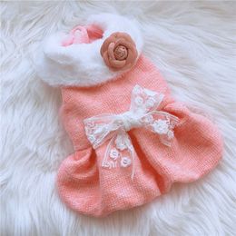 Winter Pet Dog Dress Cute Fowers Lace Bowknot Dog Clothes Puppy Clothing Apparel Yorkie Chihuahua Cat Pomeranian Schnauzer Coat 211007