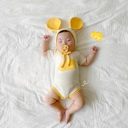 Newborn Infant Baby Boy Cotton Cartoon Cheese Pattern Short Sleeve Bodysuit Summer New Toddler Girl Novelty Bodysuits With Hat 210413