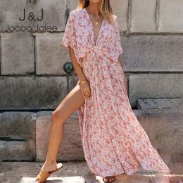 Jocoo Jolee Elegant Floral Print Split Maxi Dress Summer Beach Party Sundress Sexy Deep V Neck Batwing Long Dress 210518