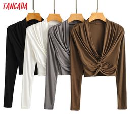 Women Sexy Pleated Bow T Long Sleeve V Neck Tees Ladies Casual Tee Shirt Street Wear Top LK10 210416