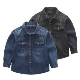 Children Denim Shirts Classic Solid Colour long-sleeve Turn-down Collar Boys For 3-10 Years Old Kids Wear 210713