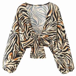 women vintage v neck bowknot short smock shirts ladies long sleeve animal texture print blouses roupas femininas tops LS6908 210420