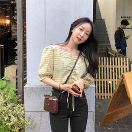 belt yellow short shirt Summer femme Casual Vintage Women Blouses Short sleeve Plaid Cotton Girls Blouse Top 210423