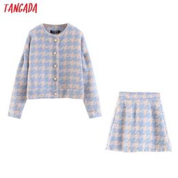 Tangada women Houndstooth pattern knit sweater skirts set suit 2 piece set oversize tops and skirts high quality SP01 210609