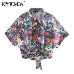 Women Fashion Printed Bow Tied Cropped Blouses Lapel Collar Short Sleeve Female Shirts Blusas Chic Tops 210420