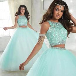Sweet Girl 16 Dress Two Pieces Princess Ball Gown Formal Quinceanera Prom Gowns Lace Appliqued Sparkly Crystals Beaded Luxury Tulle A Line Evening Party Wear AL9406