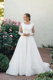 Lace Tulle A-line Modest Wedding Dress With Long Sleeves Jewel Neck Formal Bridal Gowns Sheer Full Sleeved Custom Made