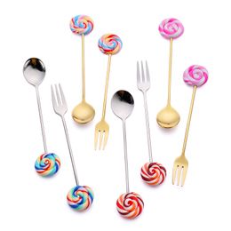 Cute Lollipop Stainless Steel Spoon Fork Coffee Ice Cream Candy Dessert Flatware Baby Kids Dinnerware Tableware Kitchen Tools