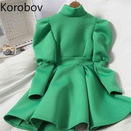 Korobov Neue Frauen Kleid Koreanische Stehkragen Puff Langarm Feamle Kleider Vintage Büro Dame Zipper A-Line Vestidos 210430