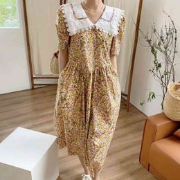 Women Blue Casual Lace Patchwork Floral Pattern Long Dress Sailor Collar Short Puff Sleeve Loose Summer 2F0529 210510