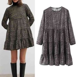 Leopard Printed Mini Dress Women Vintage Ruffle Winter Long Sleeve Woman Loose Ruched Casual Ladies es 210519