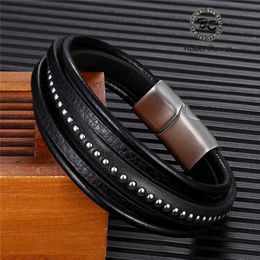 Tennis Trendy Multi-layer Genuine Leather Bracelets Men Femme Black Blue Bracelet Homme Stainless Steel Magnet Buckle Male Jewelry Gift