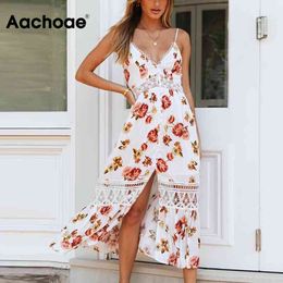 Lace Patchwork Spaghetti Strap Midi Dress Women Floral Print Sexy V Neck Split Dresses Sleeveless Summer Beach Sundress 210413