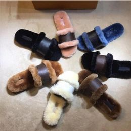 2021 Lady classic sandals Lock IT Flat Mule Mink fur Slipper Cognac Brown Patent Canvas Slides Sandal Winter Booties Women Shoes with Box