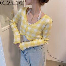 Cropped Cardigan Women Spring Autumn Korean Style Fashion Office Lady V-Neck Long-Sleeve Knitted Plaid Sweaters 210415