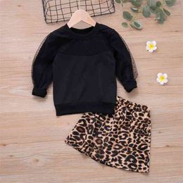 Mode Herbst Mädchen Kleidung Einfarbig Rundhals Langarm Top + Leopard Print Rock Set Kinder Kleidung Frühling 210515