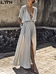 Özel Satış Dantel Elbise Zarif Polyester Avrupa Amerikan Elbiseleri Patlamalar Derin V Orta Kollu Bölünmüş Uzun Seksi Kadınlar 210427