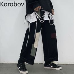 korobov Harajuku Vintage High Waist Hit Colour Patchwork Women Trousers Korean Streetwear Wide Leg Pants 210430