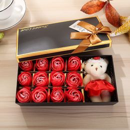 DHL Romantic Rose Soap Flower With Little Cute Bear Doll 12pcs Box Gift For Valentine Day Giftsfor Wedding Gift or birthday Gifts