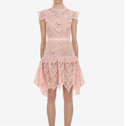 Women's Pink Summer Hollow Out Lace Dress Casual Sleeveless Asymmetrical Arrival Runway Designer Clothing 210520