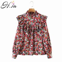 HSA Women Ruffles Blouses Floral Casual Shirts Ladies Chiffon Print Tops Streetwear Female Chic Stand Collar Loose Blouse 210417