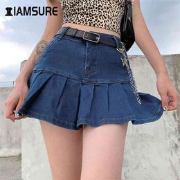 IAMSURE Preppy Style Casual Zipper Fly Safety Short Denim Skirt Summer Streetwear Ruffles High Waist Mini Jeans Skirt For Women 210412