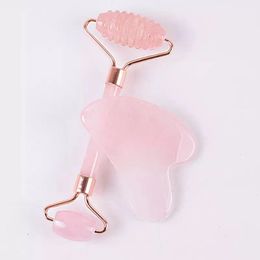 Face Massage Roller Gua Sha Tool Set Natural Crystal Rose Quartz Rollers SPA Acupuncture Scraping Body Health Care Anti Wrinkle Cellulite