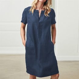 Women Short Sleeve Pocket Midi Dress Casual Buttons Solid Plus Size Cotton Linen Dresses Female Summer Vintage Straight Vestidos 210522