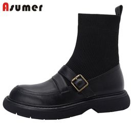 Boots Asumer 2022 Arrive Flat Shoes Women Genuine Leather Buckle Slip On Comfortable Casual Stretch Ankle Female