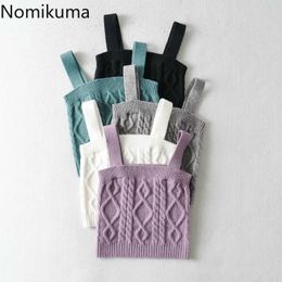 Nomikuma Knitted Tank Top Spring Sleeveless Square Collar Sweater Camisole Causal Slim Short Twisted Basic Sling Vest 6E123 210427