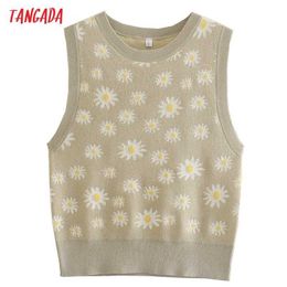 Tangada Women Vintage Flowers Pattern Knitted Vest O Neck Sweater Sleeveless Female Waistcoat Tops QJ34 210609