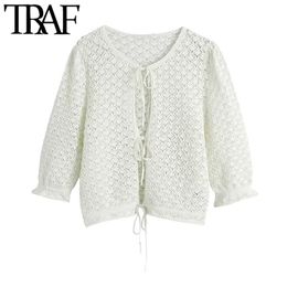 TRAF Women Fashion With Bows Hollow Out Knitted Blouses Vintage O Neck Puff Sleeve Female Shirts Chic Tops 210415