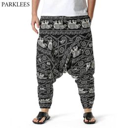 Men's Hippie Harem Yoga Baggy Genie Boho Pants Stylish Printed Drop Crotch Joggers Sweatpants Harajuku Hip Hop Streetwear Pants 210522