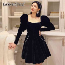 Vintage Splicing Diamond Dress For Women O Neck Puff Long Sleeve High Waist Sexy Mini Dresses Female Fashion 210520