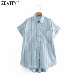 Women Vintage Short Sleeve Striped Print Casual Shirt Office Lady Back Elastic Slim Blouse Chic Summer Pocket Tops LS9157 210416