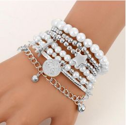 6pcs/set Gold Silver Color Link Chain Pearl Beads Bracelet Star Multilayer Beaded Bracelets Set for Women Charm Party Jewelry