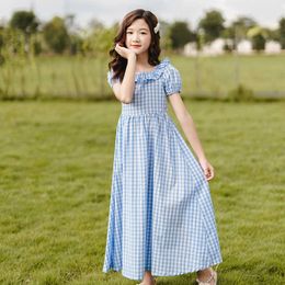 4 To 16Y Kids Teen Girls Dress Retro Princess Maxi Long New 2021 Summer Children Cotton Plaid Casual Clothing Elegant, #9407 Q0716
