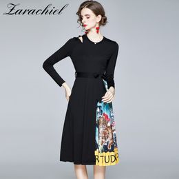 Elegant O-Neck Long Sleeve Women Vintage Print Patchwork Pleated Midi Autumn Female Ethnic Retro Belt Dress 210416