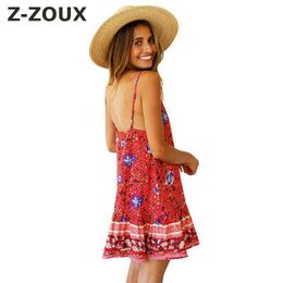 Women Dress Deep V Neck Bohemia Print es Backless Sling Flower Sexy Loose Short Beach es Summer 210524