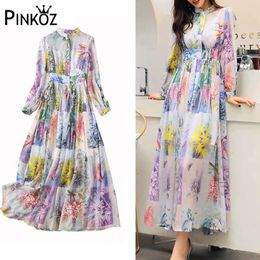 spring summer flower printed A-line chiffon single breasted maxi dresses for women casual robe mulher vestido de mujer 210421