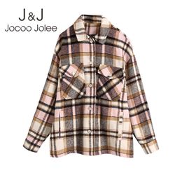 Jocoo Jolee Elegante motivo scozzese Giacche di lana Tasche vintage Cappotto allentato per donna High Street Tunica spessa Abbigliamento Top 210518