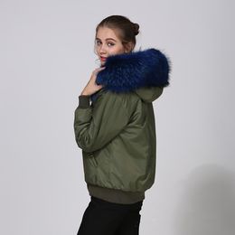 Real pictures blue raccoon furs trim hoody women snow parka Meifeng brand rabbit fur lined army green bomber nylon jacket