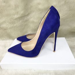 Solid Dark Blue Thin Heels Shoes Women Flock Pointed Toe High Heel Sythenic Suede Stiletto Pumps Fashion Ladies Chic Wedding Dress Shoe