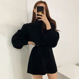 Female Autumn Winter Casual Knitwear Dress Loose Two Piece Set Solid Mock Neck Thick Warm Knitted Pullover Women Long Sweaters 211218