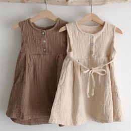 Korean Japan Style Summer Baby Girls Dresses Toddler Kids Girl Princess Linen Clothing Casual Fashion 210521