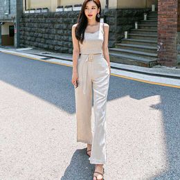 Summer Office Wear Cotton and linen Elegant Two piece suit Spaghetti Strap Crop Tops Belted Wide Leg Pants 210529