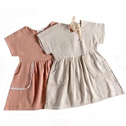 Toddler Kid Baby Girl Summer Ruffles Sleeves Cotton Linen Party Children Girls Casual Pocket Dress Sundress Clothes 210417